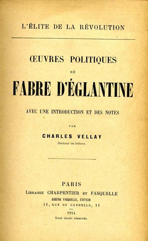 Oeuvres Politiques De Fabre d'Eglantine - Charles Vellay - copertina
