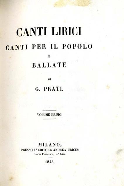 Canti Lirici. Canti per il popolo e ballate - Giovanni Prati - copertina