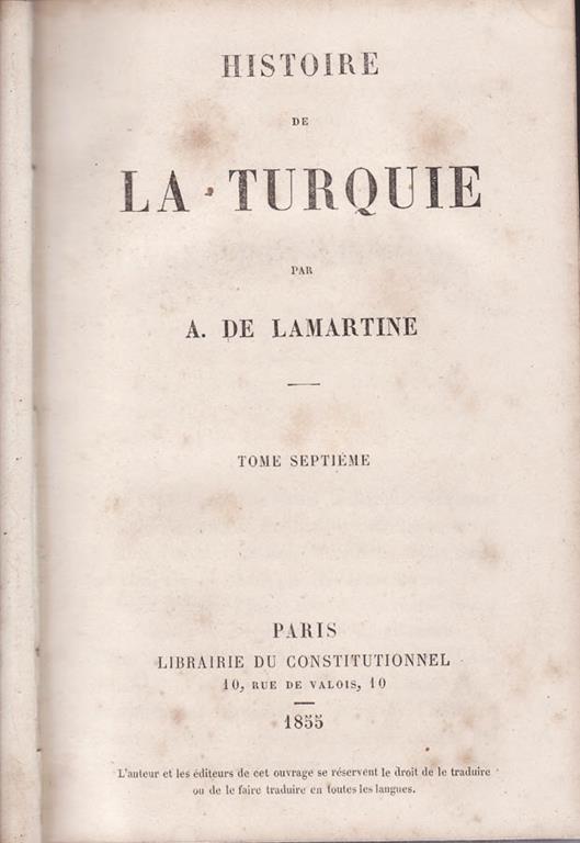 Histoire de la turquie (vol.VII) - Alphonse de Lamartine - copertina