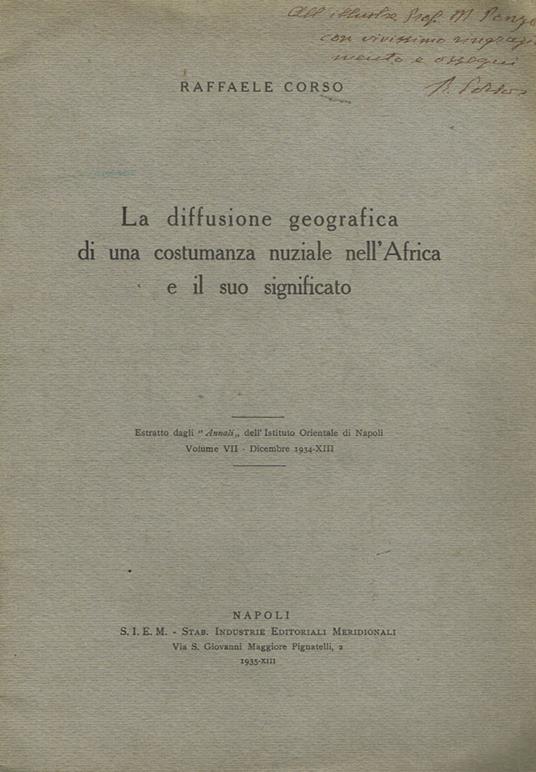 La diffusione geografica di una costumanza nuziale nell'Africa e il suo significato - Raffaele Corso - copertina