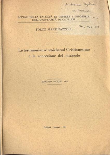 Le testimonianze stoiche sul Cristianesimo e la concezione del miracolo - Folco Martinazzoli - copertina