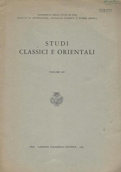 Studi Classici e Orientali Volume XII - Ignazio Cazzaniga - copertina