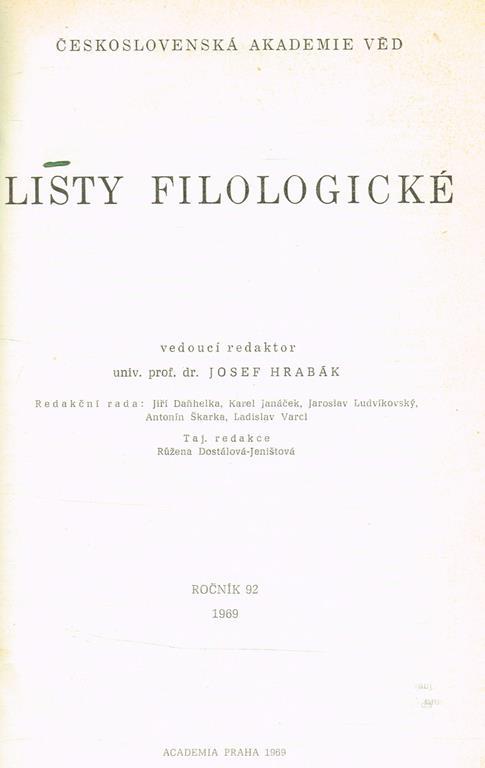 Listy Filologické - Josef Hrabak - copertina