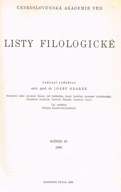 Listy Filologické - Josef Hrabak - copertina