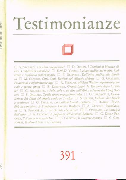 Testimonianze Anno Xl N.391. Quaderni Mensili - copertina