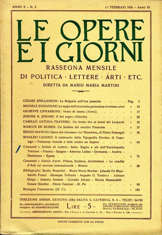 Le Opere e I Giorni. Rassegna mensile di politica lettere arti etc - copertina