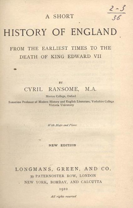 A short history of England. from the earliest times to the death of King Edward VII - Cyril Ransome - copertina