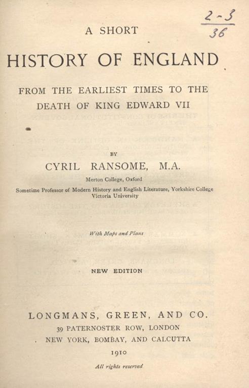 A short history of England. from the earliest times to the death of King Edward VII - Cyril Ransome - copertina