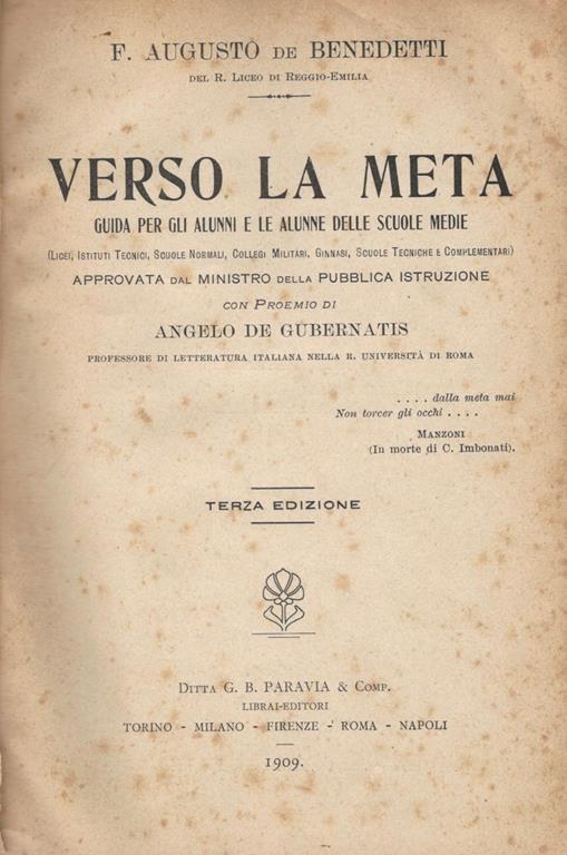 Verso la meta. Guida per gli alunni e le alunne delle Scuole Medie - Ferdinando Augusto De Benedetti - copertina