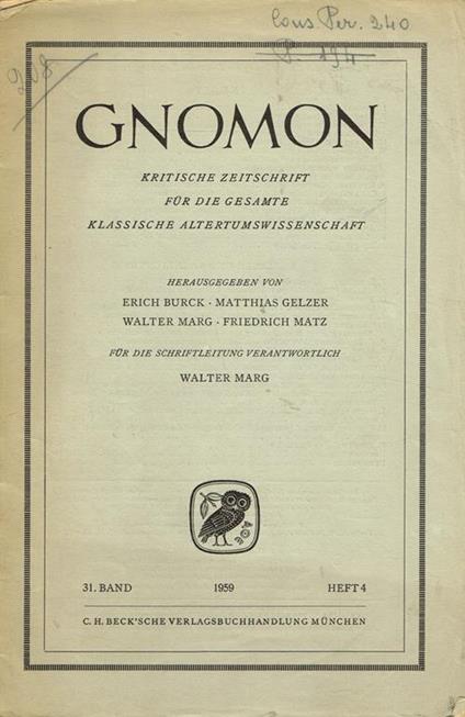 Gnomon 31 Band 4 Heft. Kritische Zeitschrift Fur Die Gesamte Klassische Altertumswissenschaft - copertina