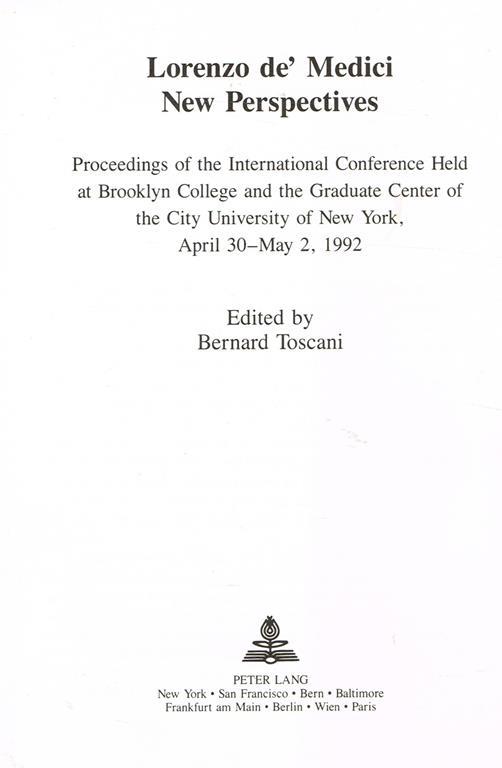 Lorenzo DèMedici. New Perspectives. Proceedings Of The International Conference Held At Brooklyn College And The Graduate Center Of The City University Of New York April 30 May 2, 1992. Estratto - copertina