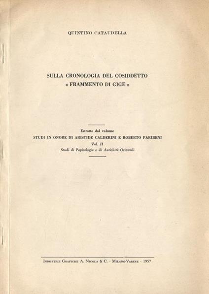Sulla cronologia del cosiddetto Frammento di Gige - Quintino Cataudella - copertina