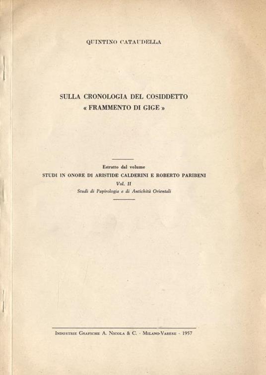 Sulla cronologia del cosiddetto Frammento di Gige - Quintino Cataudella - copertina