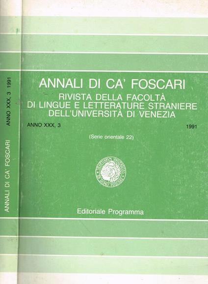 Annali Di Cà Foscari Anno Xxx N.3. Rivista Della Facoltà Di Lingue E Letterature Straniere Dell'Università Di Venezia. Serie Orientale 22 - copertina