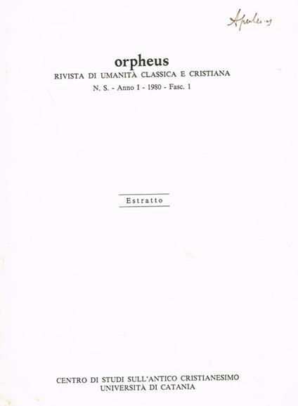 Orpheus. Rivista Di Umanità Classica E Cristiana N.S. Anno I 1980 Fasc.1. Estratto - copertina