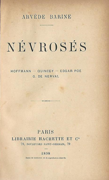 Nevroses. Hoffmann-Quincey- Edgar Poe- G. de Nerval - Arvede Barine - copertina