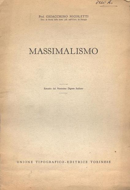 Massimalismo. Estratto dal Novissimo Digesto Italiano - Gioacchino Nicoletti - copertina