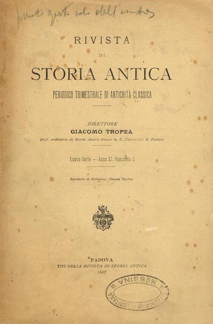 Rivista Di Storia Antica N.S. Anno Xi Fasc.2. Periodico Trimestrale Di Antichità Classica - copertina
