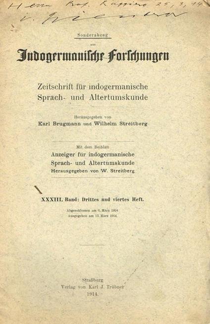 Indogermanische Forschungen Band Xxxiii. Drittes Und Viertes Heft - Karl Brugmann,Wilhelm Streitberg - copertina