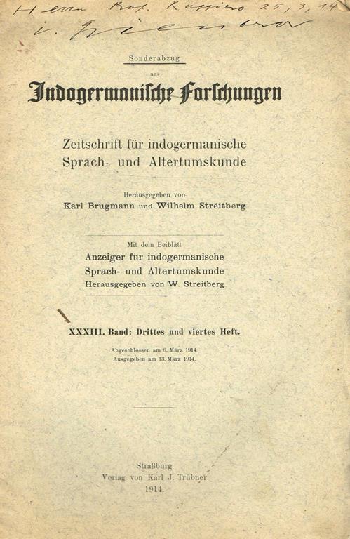 Indogermanische Forschungen Band Xxxiii. Drittes Und Viertes Heft - Karl Brugmann,Wilhelm Streitberg - copertina
