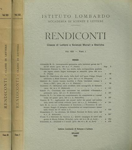 Rendiconti. Classe Di Lettere E Scienze Morali E Storiche Vol. 103 Fasc.I, Iii - copertina