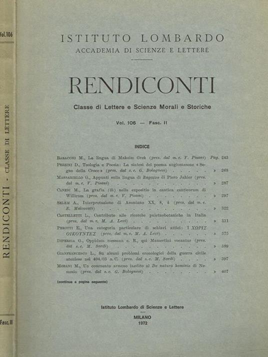 Rendiconti. Classe Di Lettere E Scienze Morali E Storiche Vol. 106 Fasc.Ii - copertina