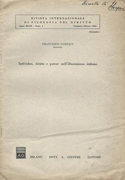 Individuo, diritto e potere nell'illuminismo italiano - Francesco Corpaci - copertina