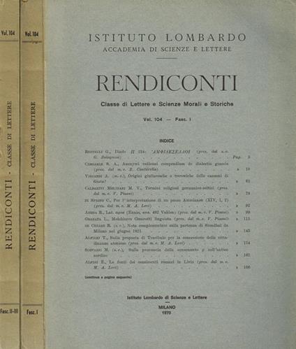 Rendiconti. Classe Di Lettere E Scienze Morali E Storiche Vol. 104 Fasc.I, Ii/Iii - copertina