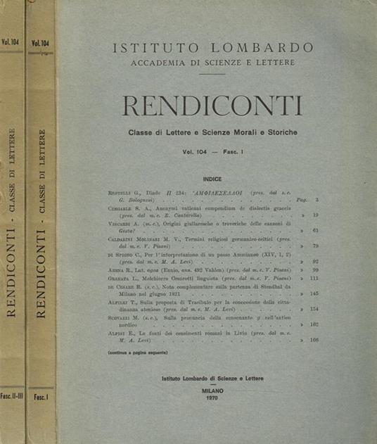 Rendiconti. Classe Di Lettere E Scienze Morali E Storiche Vol. 104 Fasc.I, Ii/Iii - copertina