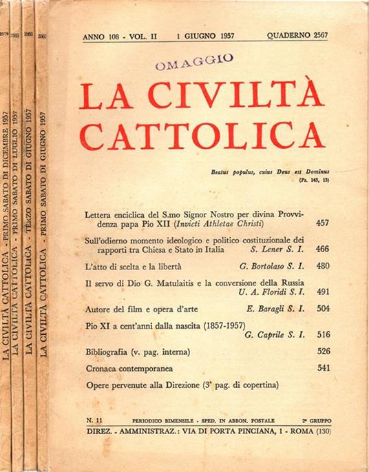 La civiltà cattolica. 1957. Rivista bimensile - copertina