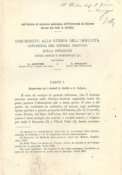 Contributo allo studio dell'immunità influenza del sistema nervoso sulla infezione. Studio critico e sperimentale - L. Giuffrè - copertina