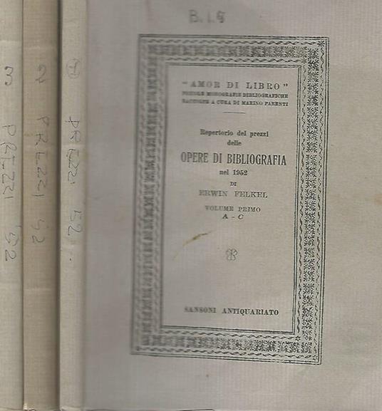 Repertorio dei prezzi delle Opere di Bibliografia nel 1952 - Erwin Felkel - copertina