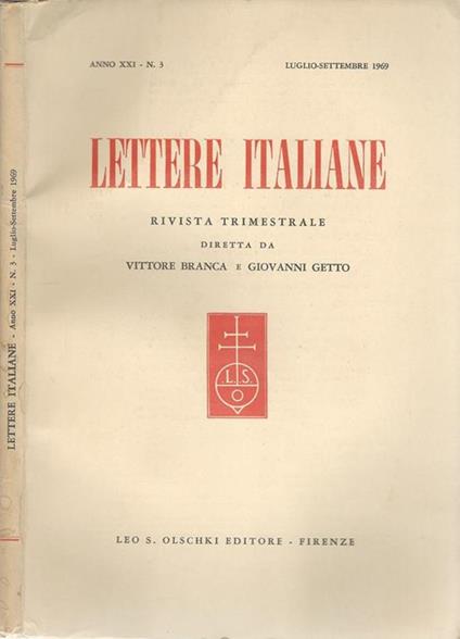 Lettere italiane anno XXI-N° 3. Rivista trimestrale - Vettore Branca - copertina