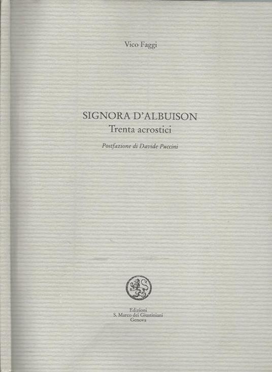Signora d'Albuison. Trenta acrostici - Vico Faggi - copertina