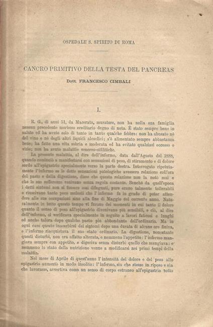 Cancro primitivo della testa del pancreas - Francesco Cimbali - copertina