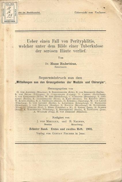 Ueber einen fall von Perityphlitis, welcher unter dem Bilde einer Tuberkulose der serosen Haute verlief - Hans Rubritius - copertina