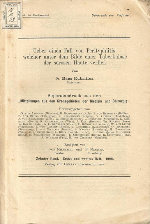 Ueber einen fall von Perityphlitis, welcher unter dem Bilde einer Tuberkulose der serosen Haute verlief - Hans Rubritius - copertina
