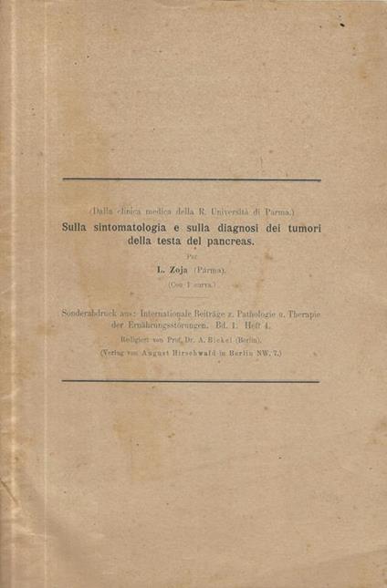 Sulla sintomatologia e sulla diagnosi dei tumori della testa del pancreas - L. Zoja - copertina