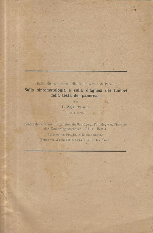 Sulla sintomatologia e sulla diagnosi dei tumori della testa del pancreas - L. Zoja - copertina