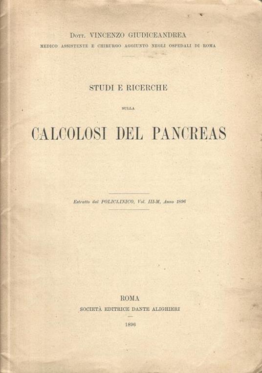 Studi e ricerche sulla calcolosi del pancreas - Vincenzo Giudiceandrea - copertina
