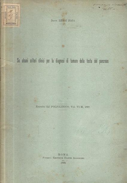 Su alcuni criteri clinici per la diagnosi di tumore della testa del pancreas - Luigi Zoja - copertina