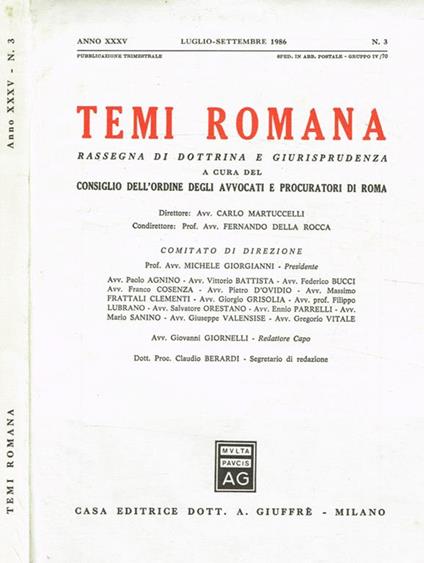 Temi Romana. Rassegna di dottrina e giurisprudenza anno XXXV n.3 - copertina