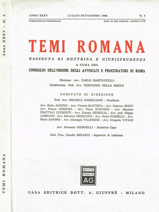 Temi Romana. Rassegna di dottrina e giurisprudenza anno XXXV n.3 - copertina