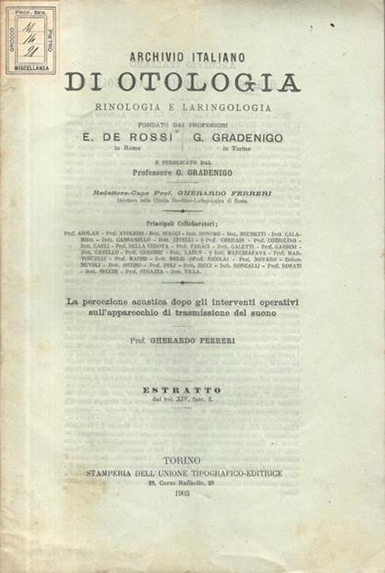 La percezione acustica dopo gli interventi operativi sull'apparecchio di trasmissione del suono - Gherardo Ferreri - copertina