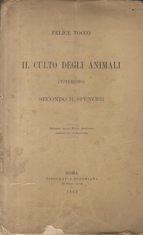 Il culto degli animali (Totemismo) secondo H. Spencer - Felice Tocco - copertina