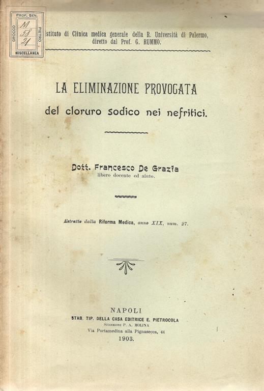 La eliminazione provocata del cloruro di sodico nei nefritici - copertina