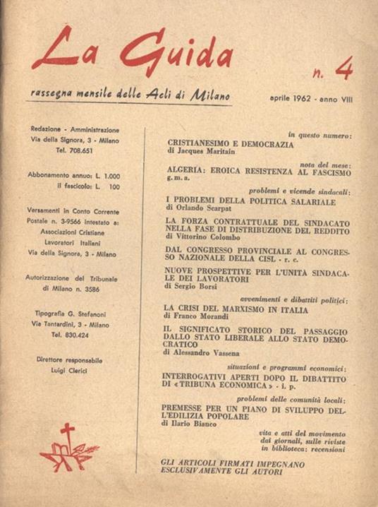La Guida Anno VIII n. 4. Rassegna mensile delle Acli di Milano - copertina