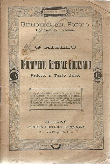 Ordinamento Generale Giudiziario. Ridotto a Testo Unico - Giuseppe Lauro Aiello - copertina