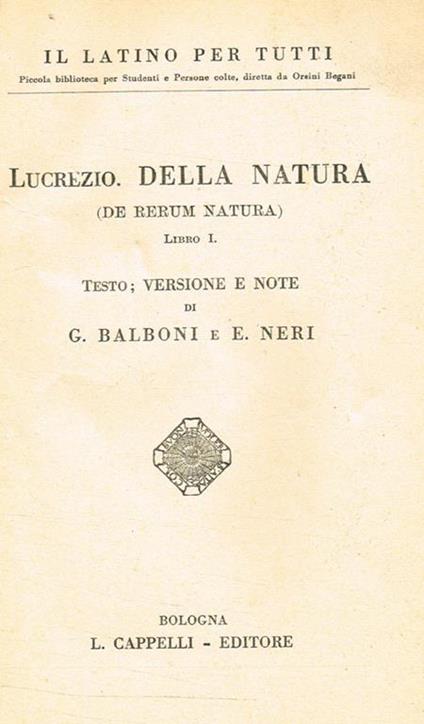 Della Natura (De Rerum Natura) libro I - Tito Lucrezio Caro - copertina