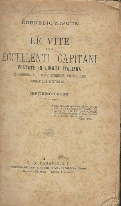 Le vite degli eccellenti capitani. Volte in lingua italiana - Cornelio Nepote - copertina